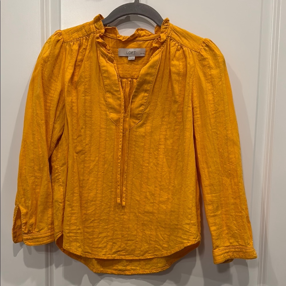LOFT Orange Blouse with Puff Sleeves and Tie Front
